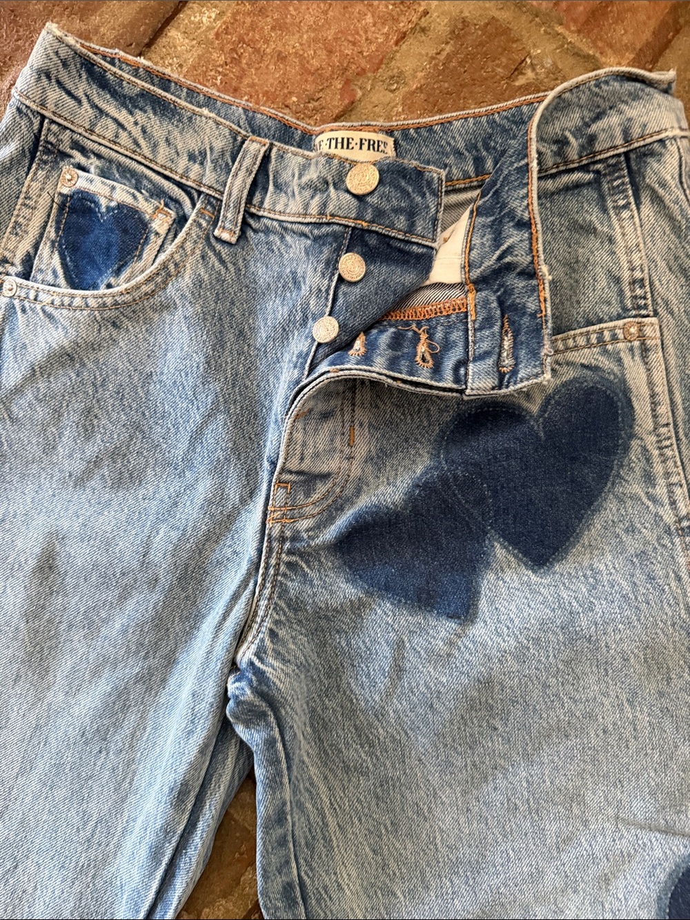 We The Free Light Blue Wide-Leg Jeans with Dark Blue Heart Patches - Picture 6 of 13